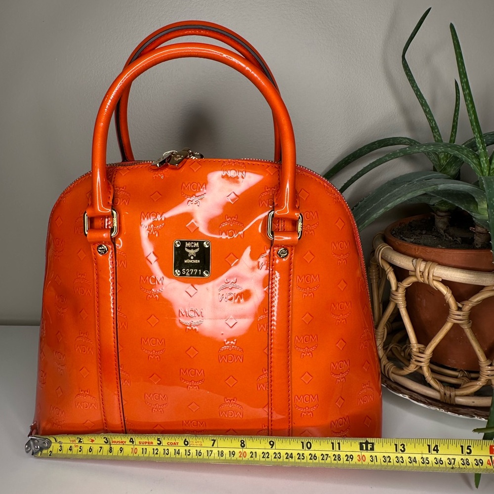 MCM Ivana Patent Leather Large Bowler Bag Orange Printed Logo Y2k Pristine - Picture 11 of 13